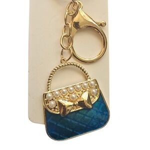 Purse Handbag Keychain‎ Charm Gold Tone Blue Faux Pearl Bag Accessories Bling